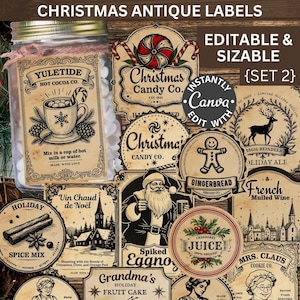 May include: A collection of vintage-style Christmas labels with various designs. The labels feature illustrations of holiday treats, Santa Claus, gingerbread men, and festive text. The labels are in shades of brown and beige, with a rustic, antique aesthetic.