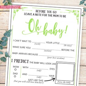 Jeu imprimable de cartes de conseils de bébé, bébé drôle Mad Libs, Oh Baby, vert, livre d'or, voeux de bébé, prédictions, TÉLÉCHARGEMENT IMMÉDIAT