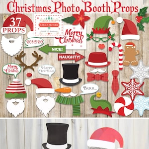 May include: A set of 37 Christmas photo booth props, including a Santa hat, a snowman hat, a reindeer antlers, a candy cane, a gingerbread man, a snowflake, a Christmas tree, a "Merry Christmas" sign, a "Happy New Year!" sign, a "Nice!" sign, a "Naughty!" sign, and a "BRRR..." sign.  The props are printed on white cardstock and are ready to be cut out and used.