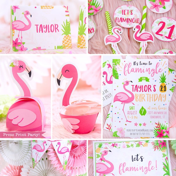 Tropische Flamingo-Dekorationen, druckbares Geburtstagsparty-Zubehör, rosa tropischer Flamingo, bearbeitbares Party-Set, einige SVGs, SOFORTIGER DOWNLOAD