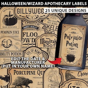 Wizard Potion Labels Printables, HP Polyjuice Potion Label, Editable, Halloween Decor, Wizard Party, Apothecary Labels, INSTANT DOWNLOAD