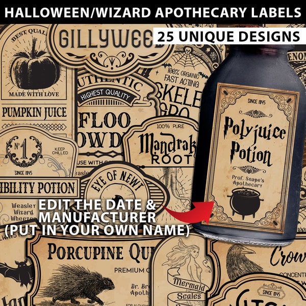 Zaubertränke Etiketten Printables, HP Polyjuice Potion Etikett, bearbeitbar, Halloween Dekor, Zaubererparty, Apothekeretiketten, INSTANT DOWNLOAD