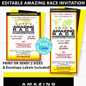 The Amazing Race Party Invitation Printable, Editable, Route Marker, envelope labels, 2 sizes, Print or Send Digitally, INSTANT DOWNLOAD