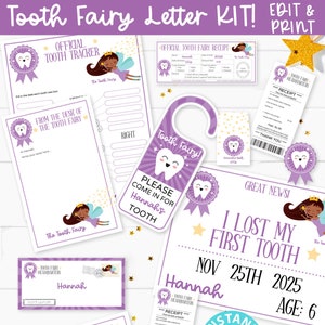 Kit imprimible de letras del Hada de los Dientes EDITABLES y recibos Púrpura con. Hada Negra, Certificado, Tabla de Dientes, Sobre de Dientes Perdidos, DESCARGA INSTANTE