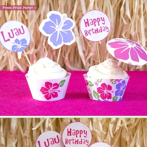 May include: A set of cupcake toppers featuring a pink hibiscus flower, a pink circle with the text "Happy Birthday", a pink circle with the text "Maddy", a pink circle with the letter "M", a pink circle with the number "16", a purple hibiscus flower, a purple circle with the text "Luau", and a pink circle with the text "Luau".