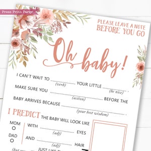 Ideas para baby shower, juegos imprimibles, tarjetas de consejos, actividades para baby shower, niño, niña, flores de durazno, ¡Oh, bebé!, descarga instantánea.