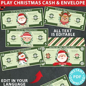 Sobres para dinero y efectivo para niños, imprimibles, para Navidad, para guardar dinero, dinero falso, regalo de Navidad, dinero editable