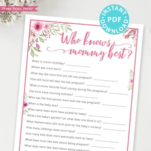 Who Knows Mommy Best Baby Shower Game Printable with Pink Flowers Template, Funny Baby Shower Activities and Ideas, INSTANT DOWNLOAD