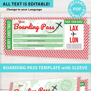 May include: Printable boarding pass template with a red and white striped background. The template features a world map with a plane and the text "Your Boarding Pass".