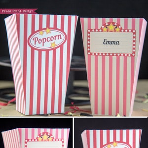 Popcorn Box afdrukbaar, Movie Night Popcorn Box, Movie Night Gift Basket met naam, rode en witte strepen, verjaardagsfeestje, INSTANT DOWNLOAD