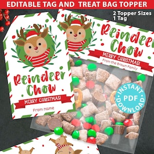 Reindeer Chow, ozdoba na woreczek ze smakołykami i etykieta, edytowalny prezent dla nauczyciela w klasie, łatwy świąteczny smakołyk, ciasteczka dla współpracowników, słodycze sąsiada, mieszanka przekąsek