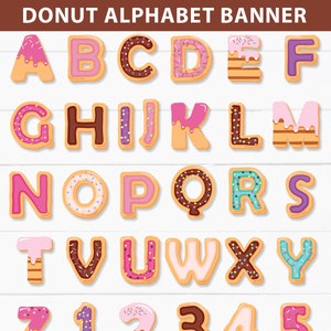 Letras del alfabeto de donut y banner imprimible de números, fiesta de cumpleaños de donut, suministros de decoración de la estación de donut, guirnalda, DESCARGA INSTANTÁNEA