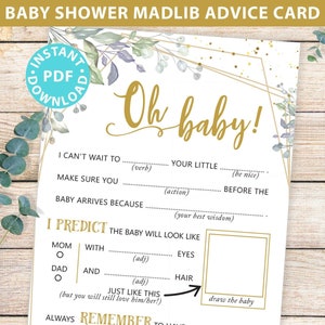Baby Shower Mad Libs Printable, Oh Baby Shower Spiel, Info-Karte, Baby-Gästebuch, Mama oder Mama, Junge, Mädchen, Grün & Lila, SOFORT-DOWNLOAD