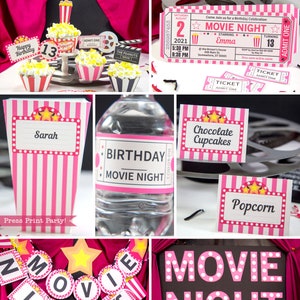 Movie Night Party Printables PINK, Movie Night Invitation, Birthday Party Package, Movie Night Sign, Popcorn Box, Toppers, INSTANT DOWNLOAD