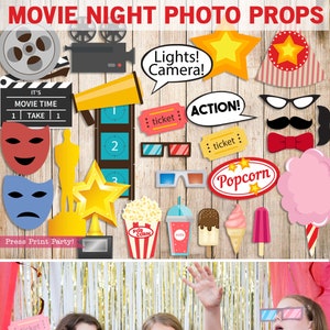 Movie Night Props, Printable Photo Booth, Birthday Party, Oscar, Camera, Clapper, Hat, Cotton Candy, Popcorn, Movie Reel, INSTAND DOWNLOAD image 1