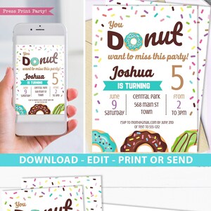 Donut-Geburtstags-Einladung druckbar, blauer Donut & Streusel, Donut-Party-Junge / Mädchen, Donut erste Geburtstagsfeier-Einladung, SOFORT-DOWNLOAD