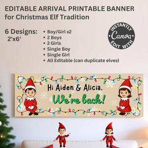 Op de afbeelding: Een bewerkbare banner voor de kerstelf-traditie met de tekst "Hi Aiden & Alicia, We're back!" en elf-illustraties. De banner is versierd met lichtslingers en sneeuwvlokken. De afbeelding toont ook een bank met rode en groene kussens.