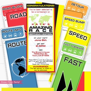 Editable Amazing Race clue cards and invitation with labels. Make your own Amazing Race Party Challenges