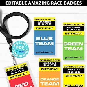 Editable The Amazing Race Party Team Badges Printables, 5 Colors, 2 Sizes, Lanyards, Clip on Team Badge, Game ID Cards, INSTANT DOWNLOAD