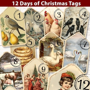 12 Days of Christmas Tags Afdrukbare vintage Christmas Junk Journal Decor Lied 12 Days of Christmas cadeaulabel ornament vintage nummerlabels