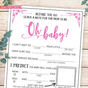 Tarjeta de consejos para bebés Baby Shower Juego imprimible, Funny Baby Mad Libs, Oh Baby Girl Pink, Libro de visitas Deseos para el bebé, Predicciones DESCARGA INSTANTÁNEA