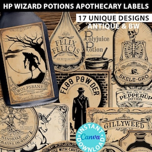 HP Zauberer Party Zaubertrank Etiketten Dekor Halloween Hexe Apotheker Regal Dekor Vintage Etiketten Zauberer Geburtstag Dekor Halloween Aufkleber Digital