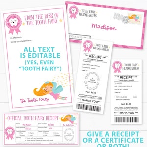 EDITABLE Tooth Fairy Letter Printable Kit & Receipts, Certificate, Baby Teeth Chart, Door Hanger Lost Tooth Fairy Envelope, INSTANT DOWNLOAD image 2