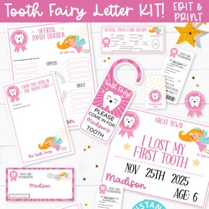 EDITIERBARE Zahnfee Brief Printable Kit & Quittungen, Zertifikat, Baby Teeth Chart, Türhänger Lost Tooth Fairy Umschlag, SOFORTIGER DOWNLOAD Bild 1