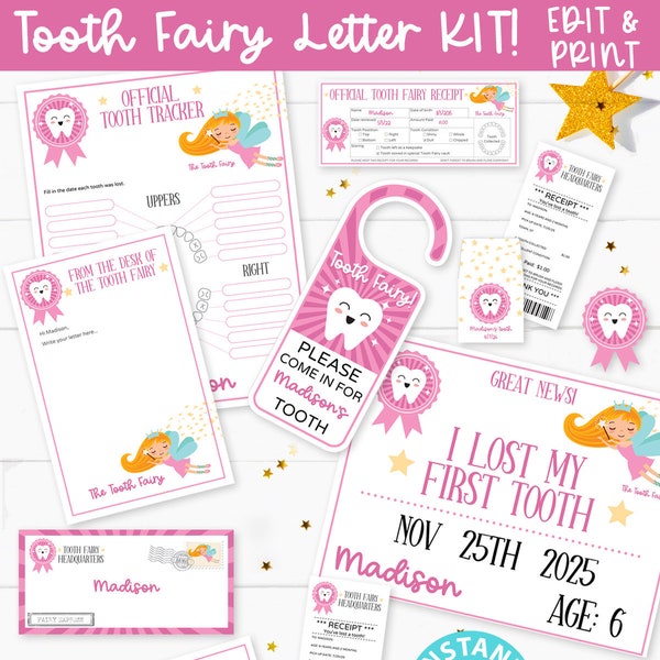 EDITABLE Tooth Fairy Letter Printable Kit & Receipts, Certificate, Baby Teeth Chart, Door Hanger Lost Tooth Fairy Envelope, INSTANT DOWNLOAD