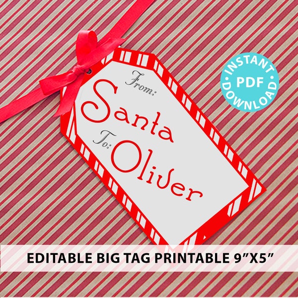 BIG Christmas Gift Tag From Santa Red Stripe Editable Printable Template 9x5 For Large Jumbo Gifts Giant Santa Tag Download Oversized Gift