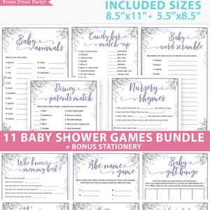 Baby Shower Games Bundle Printable, Greenery & Purple, Games Pack, Fun Baby Shower Games, Funny Activities, Girl, Bingo, INSTANT DOWNLOAD