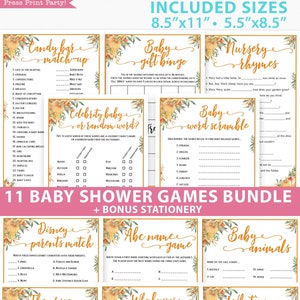 Könnte beinhalten: Ein Set mit 11 druckbaren Babyparty-Spielen mit Herbstthema. Die Spiele beinhalten "Candy Bar Match-Up", "Baby Gift Bingo", "Kinderreime", "Promi-Baby oder Zufalls Wort", "Baby-Wortsalat", "Disney-Eltern-Match", "Abe-Name-Spiel", "Baby-Tiere", "Der Preis ist Richtig", "Wer Kennt Mama Am Besten?" und "Was Ist In Deiner Handtasche?" Die Spiele sind mit einem Aquarell-Blumenmuster und goldenen Akzenten verziert.