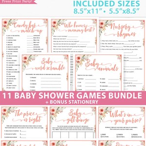 Baby Shower Games Bundle Printable, Peach Flowers, Games Pack, Unique Baby Shower Games, Funny Activities, Girl, Bingo, INSTANT DOWNLOAD image 1