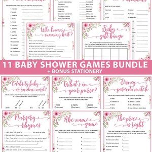 Baby Shower Games Bundle Printable, Pink Flowers, Games Pack, Unique Baby Shower Games, Funny Activities, Baby Girl, Bingo, INSTANT DOWNLOAD image 1