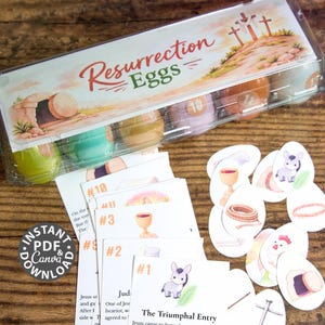 Puede incluir: Un juego imprimible con temática de Pascua con Huevos de Resurrección. El juego incluye un recipiente de plástico transparente con huevos de colores, tarjetas con versículos bíblicos y recortes ilustrados en forma de huevo. El texto dice "Resurrection Eggs".