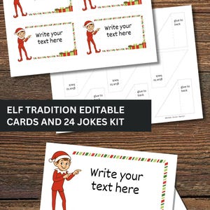 Elf bewerkbare grapkaarten afdrukbaar, 24 Christmas Scout Elf Jokes voor kinderen, canva-boodschapkaarten met standaard, schrijf je eigen notities Kit Prop