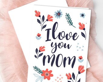 Printable Mother’s Day Card Template Bold Modern Floral Happy Mom Card Last Minute foldable Blank Inside Greeting Flowers Gift Card DIY