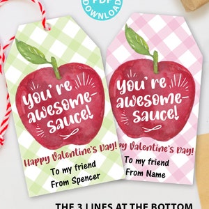 Kids Valentines Gift Tags for Applesauce Pouch, You&#39;re Awesomesauce Classroom Valentines Printables, EDITABLE text, INSTANT DOWNLOAD