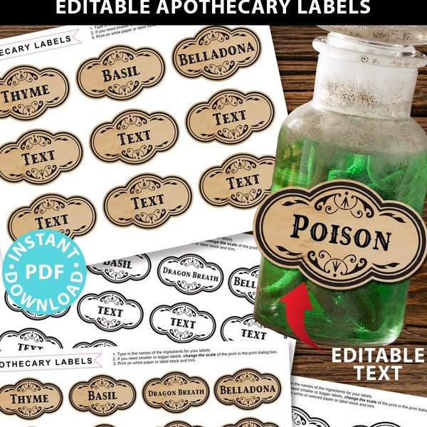 EDITABLE Apothecary Labels Printables, Halloween Potion Bottle Labels Stickers, Pantry Labels, Spice Labels, Wizard Party, INSTANT DOWNLOAD