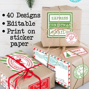 40 Santa Gift Mail Naklejki świąteczne Szablony do wydrukowania Oficjalny zestaw etykiet adresowych North Pole Express Mail od Santa Claus Gift EDYTOWALNE