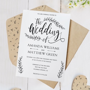 Wedding Invitation Suite Leaf Design, Wedding Invite Template Printable Set, Country Rustic, A7 Pocket Invitation, Kraft, INSTANT DOWNLOAD