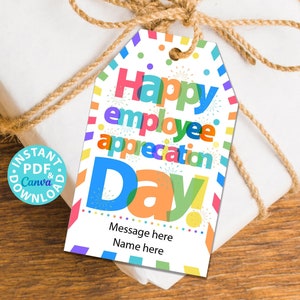 Etiquetas do Dia de Valorização do Funcionário Feliz para Impressão, Assistente, Valorização do Pessoal, Cores Brilhantes, PDF Editável e Canva, DOWNLOAD INSTANTÂNEO