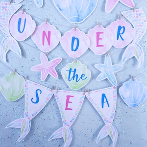 Estandarte de sirena imprimible, Decoraciones de paty de sirena, Bunting, Cumpleaños de sirena, Decoraciones de fiesta bajo el mar, DESCARGA INSTANTÁNEA