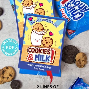 Cookies Valentine Exchange Card Printable Kids Valentine&#39;s Day Tag We Go together Like Cookies Milk Oreo Chips Ahoys Snack Pack School Gift