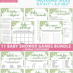 Eucalyptus Baby Shower Games Bundle Printable, Games Pack, Unique Baby Shower Games, Funny Activities, Girl, Boy, Bingo, INSTANT DOWNLOAD image 1