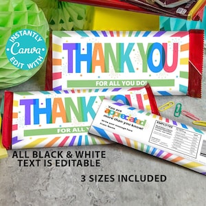 Thank You Chocolate Bar Wrap Printable Teacher Appreciation Week Gift for Staff Volunteer  Chocolate Editable Favor 3 Sizes Nutrition Facts