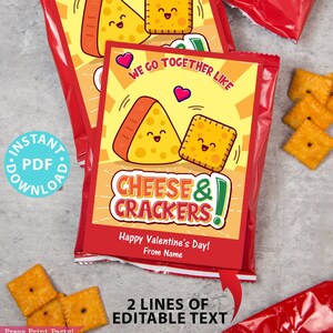 Tarjeta de queso y galletas de San Valentín imprimible, etiquetas de San Valentín para niños en el aula, vamos juntos como queso y galletas, DESCARGA INSTANTÁNEA