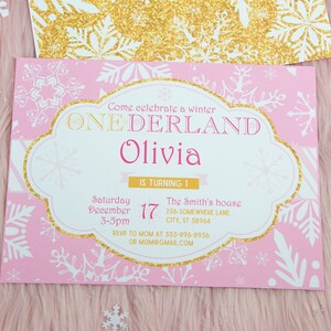 Winter ONEderland Invitation Printable, Pink and Gold, Snowflakes, Girl First Birthday Party, 1st birthday invitation, INSTANT DOWNLOAD