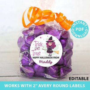 Halloween Labels Printable Avery 2 Round Labels Custom Editable text Halloween treat sticker Purple Witch Printable Favor Sticker Template image 1