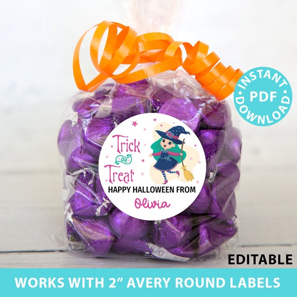 Halloween Labels Printable Avery 2" Round Labels Custom Editable text Halloween treat sticker Green Witch Printable Favor Sticker Template